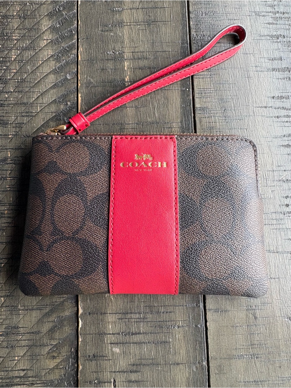 Coach Brown Signature Canvas Wristlet with Red Stripe